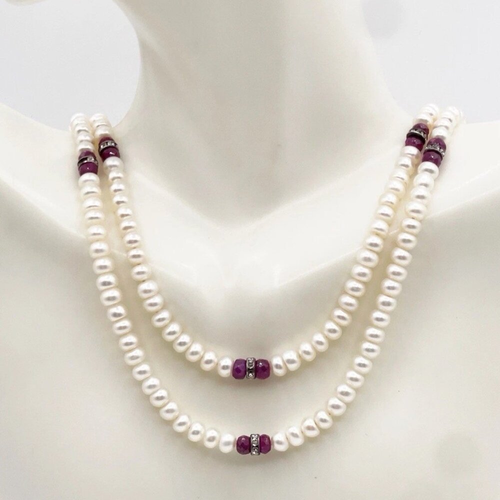 VTG Double Strand Freshwater Pearl Necklace w/ Genuine Ruby Beads & Rhinestones